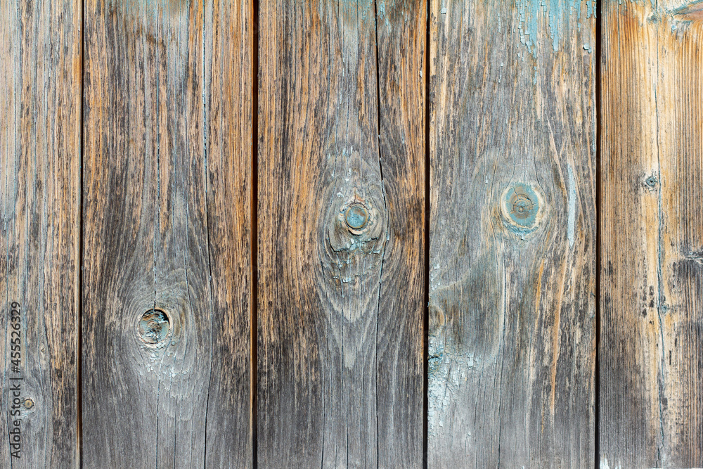 Wooden background.An old wooden fence made of unpainted boards with cracks and nails.