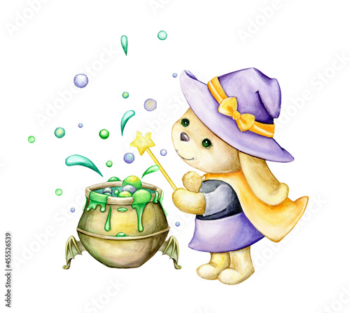 Cute bunny, in a witch costume, a magic wand, a potion. A watercolor animal, in a cartoon style for the Halloween holiday.