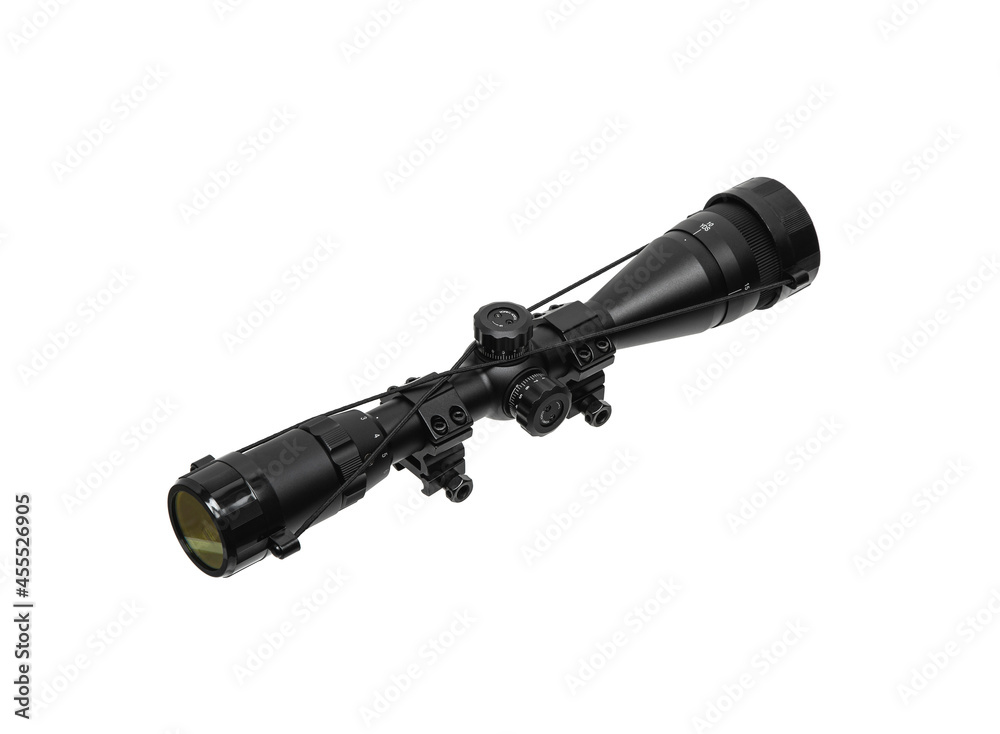 modern black optical scope for weapon isolated on whited. sight scope isolated on white back. modern black optical scope for weapon isolated on whited. sight scope isolated on white back.