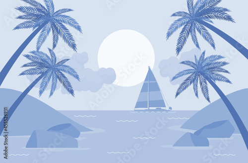 Palm tree light blue silhouette, sailboat, sea shore beach beautiful scenery. Day, morning stunning resort landscape for weekend traveling, romantic relaxation, honeymoon trip. Vector illustration