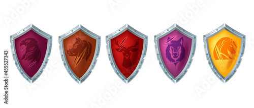Game shield vector eSport illustration set, UI medieval knight armor, battle achievement badges. RPG league team coat of arms, warrior trophy award concept, animal mascots logo. Metal game shield