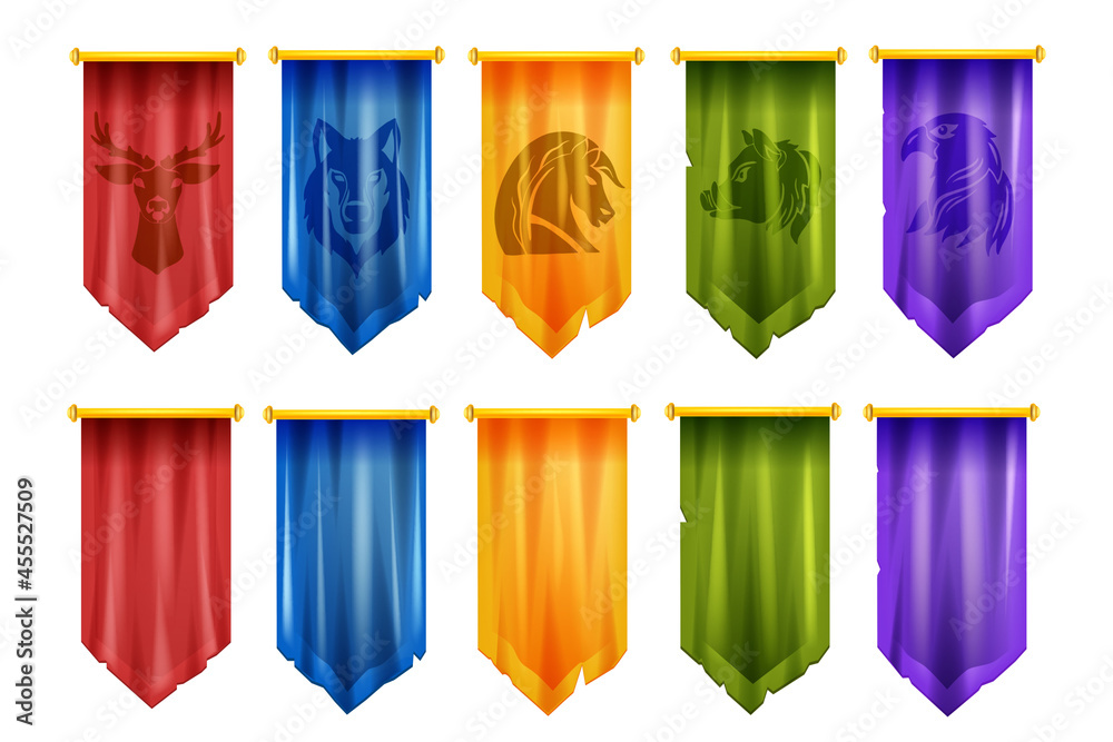 Game team flag set, vector medieval battle UI cloth banner, knight