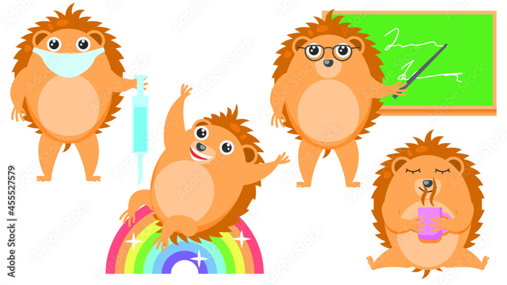 Obraz premium Set Abstract Collection Flat Cartoon Different Animal Hedgehogs Drinking Tea, Masked Doctor With Syringe, Teacher Near The Blackboard, Rides A Rainbow Vector Design Style Elements Fauna Wildlife