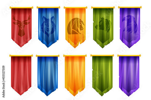 Game team flag set, vector medieval battle UI cloth banner, knight royal pennant, eSport victory logo. Heraldic coat of arms sign kit, user interface league animal mascots. Ancient fantasy game flag