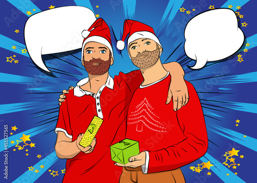 Handsome gay couple is hugging and celebrating, giving gift boxes to each other. Comic book style vector illustration.