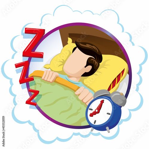 Mascot person man caucasian sleeping peacefully. Ideal for informational and institutional related to medicine