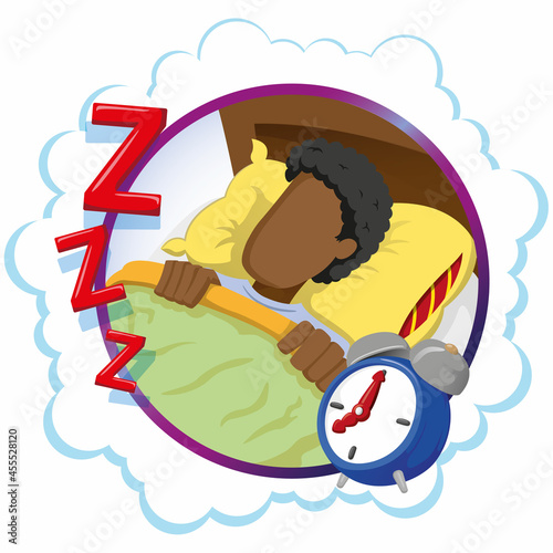 Mascot person man afro descendant sleeping peacefully. Ideal for informational and institutional related to medicine