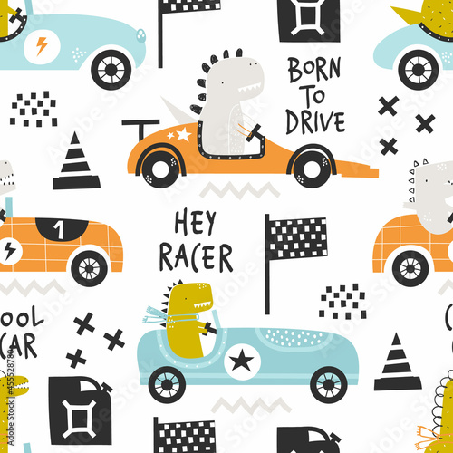 Vector hand-drawn seamless childish pattern with cute funny dinosaur rides in a racing car on a white background. Kids texture for fabric, wrapping, textile, wallpaper, apparel. Scandinavian design.