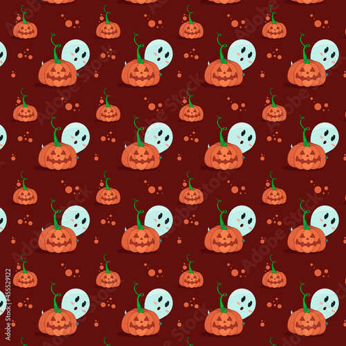 seamless pattern of pumpkin for halloween with a ghost behind on a red background