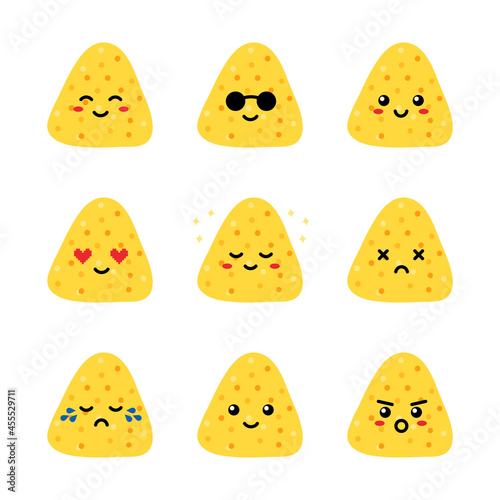 Set, collection, pack of nacho chips emoji, vector cartoon style icons of nacho chips, tortilla chips characters with different facial expressions, happy, sad, smiling, crying.

