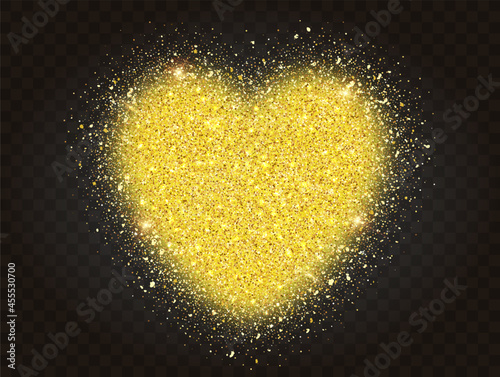 Golden glitter particles in heart shape, on transparent background. Abstract gold glitter heart