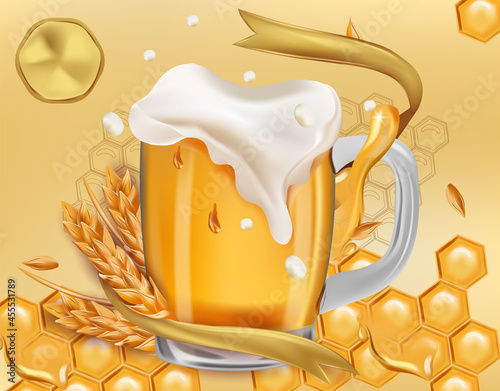 Refreshing mug beer with splashing foam and wheat ears, honey. Full cup with beer for alcoholic drinks advertising design. Vector illustration.