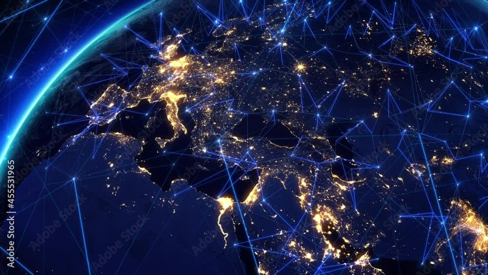 Communication Network Connections Over Europe. Internet Connection By Satellites. Planet Earth Seen From Space with City Lights. 
