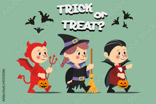 Flat vector illustration of children in cute costumes for Halloween celebration