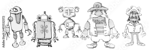 Pirates, a group of funny pirates. Drawing cartoon style. 