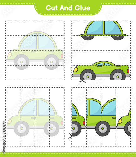 Cut and glue, cut parts of Car and glue them. Educational children game, printable worksheet, vector illustration