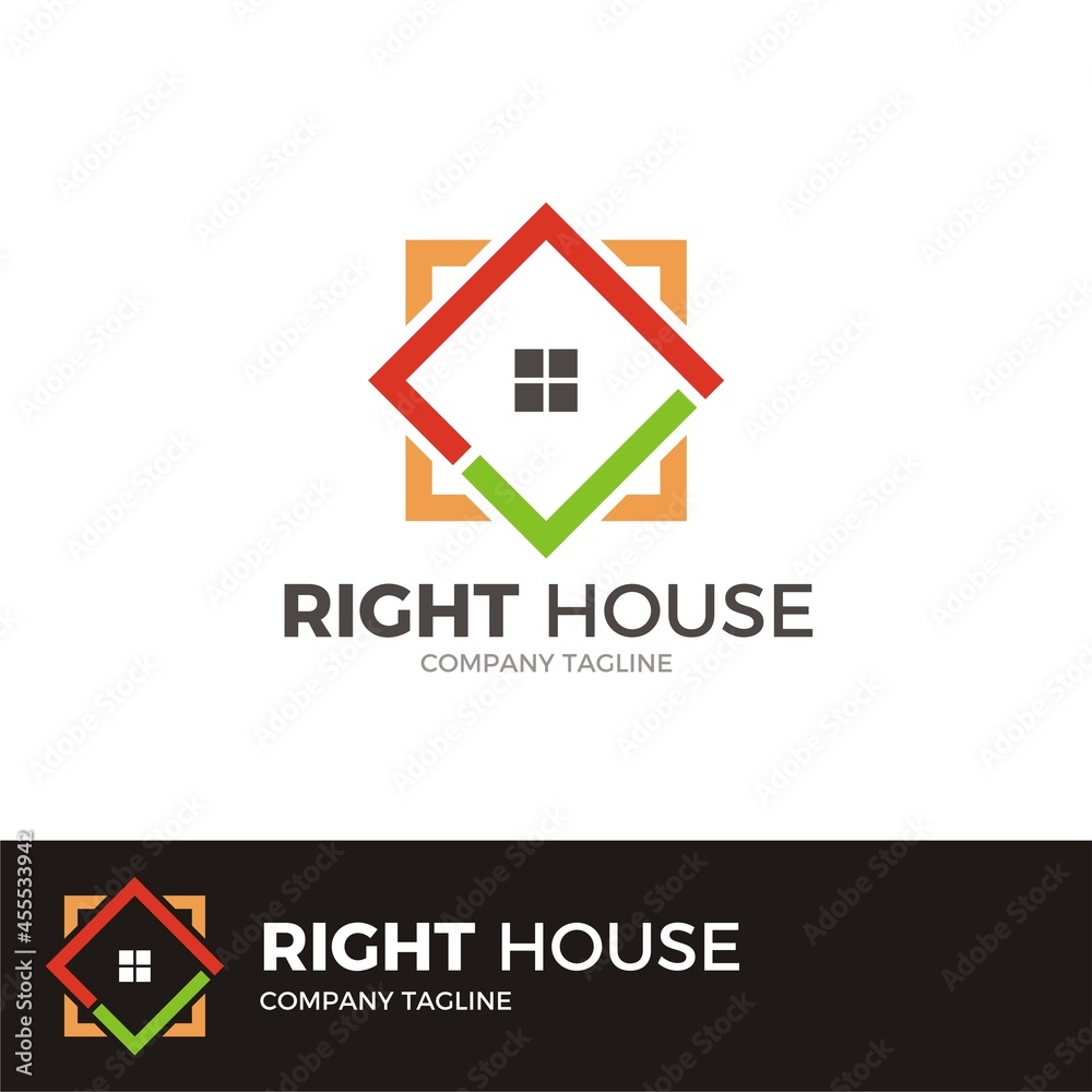 Fototapeta premium Vector illustration of simple green check mark and square shape for housing logo design