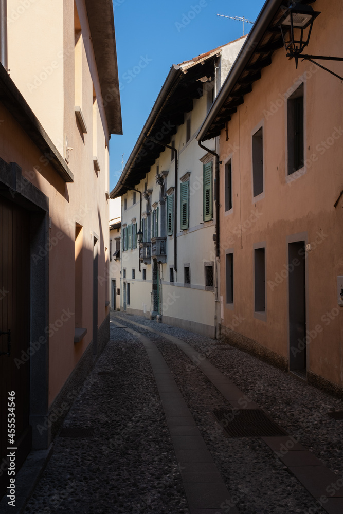 Cividale del Friuli (Udine), Italy - September 5, 2021: North Italy Life in the center of the lombard medieval city. Walking through narrow streets and walls. No people. Sunny  day. Selective focus