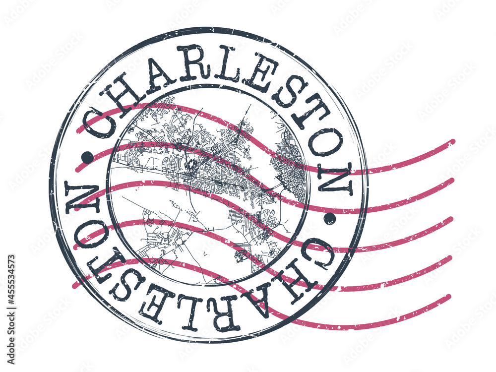 Naklejka premium Charleston, SC, USA Stamp Map Postal. Silhouette Seal Roads and Streets. Passport Round Design. Vector Icon. Design Retro Travel National Symbol.