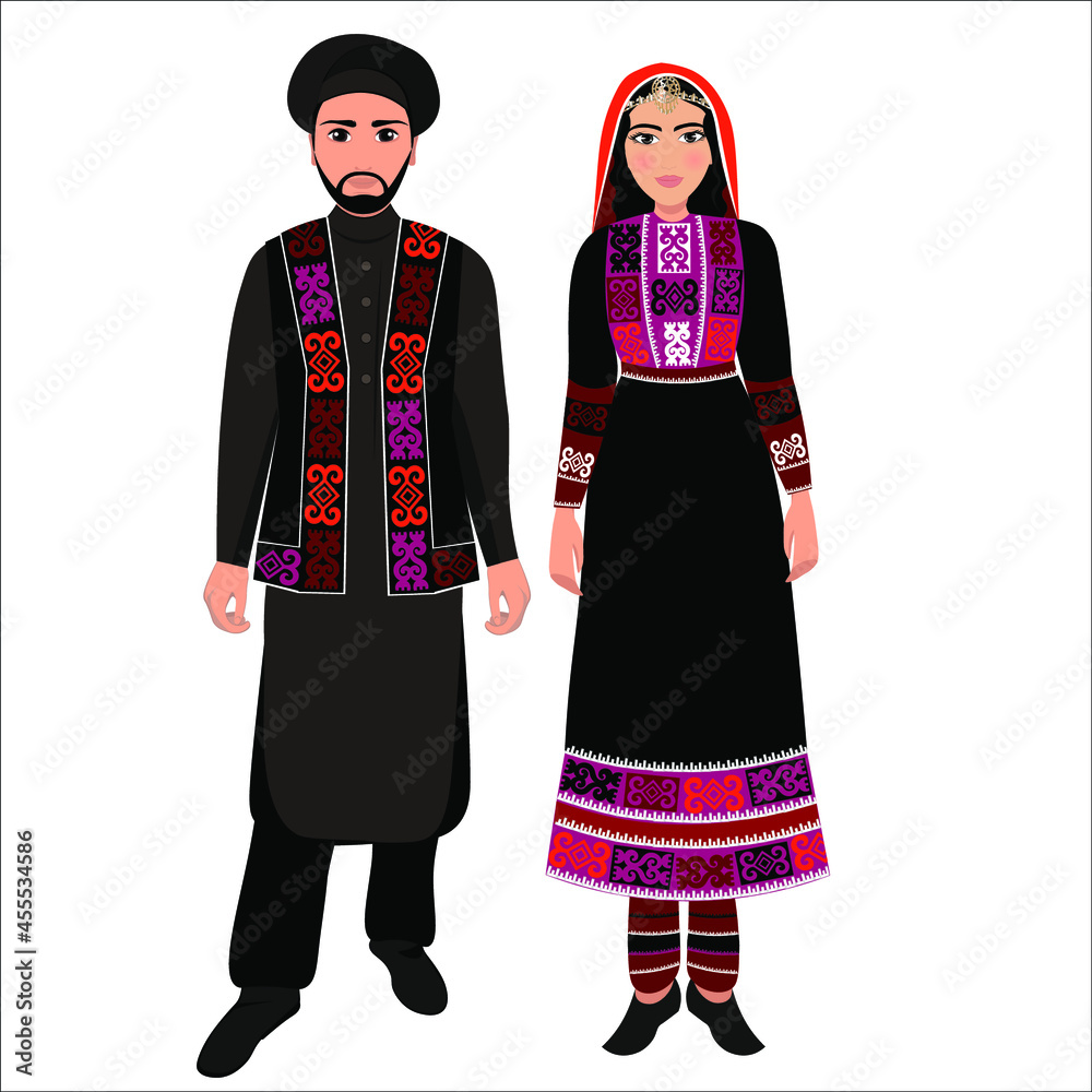 Woman and man in folk national Afghan costumes. Vector illustration
