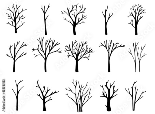 Naked trees silhouettes set. Hand drawn isolated illustrations.