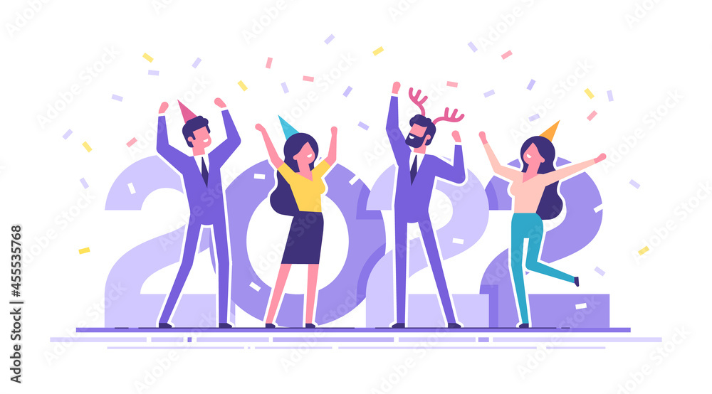 Happy business people at a Christmas and New Year's corporate party on the background with big numbers 2022. Positive men and women in party caps dancing and having fun. Modern vector characters.