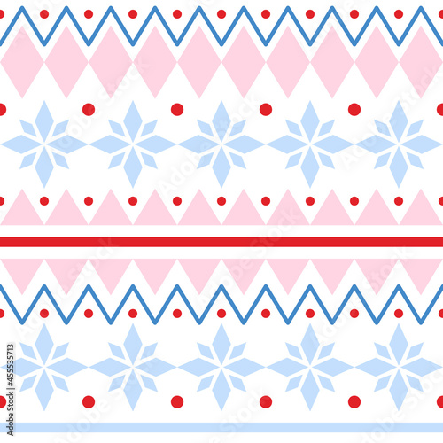 Traditional Christmas seamless patterns in scandinavian style. Bright ornament with snowflakes. For print, cover, fabric, background. Vector graphic