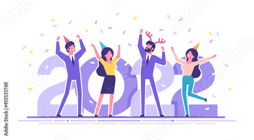 Happy business people at a Christmas and New Year s corporate party on the background with big numbers 2022. Positive men and women in party caps dancing and having fun. Modern vector characters.