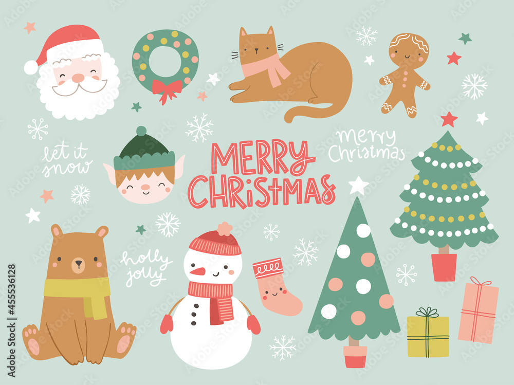 Cute Christmas cartoon vector design elements. Christmas and winter illustrations in hand-drawn style. Cute Christmas cartoon vector design elements. Christmas and winter illustrations in hand-drawn style.