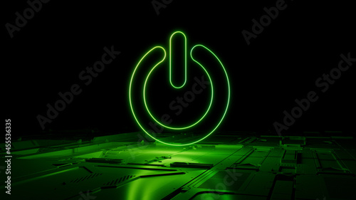 Green neon light power icon. Vibrant colored Activate technology symbol, on a black background with high tech floor. 3D Render photo