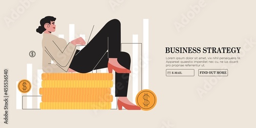 Business woman character on pile of golden coins check profit, credit card balance, data statistics. Concept of finance, financial operations or planning, investments for banner, web app design, ui.