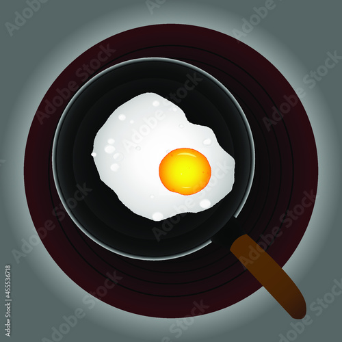 Fried egg in a black frying pan on an electric stove.