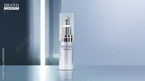 Cosmetics bottles mockup products bottles. Mockup 3D illustration. Abstract blue background. Realistic vector illustration .