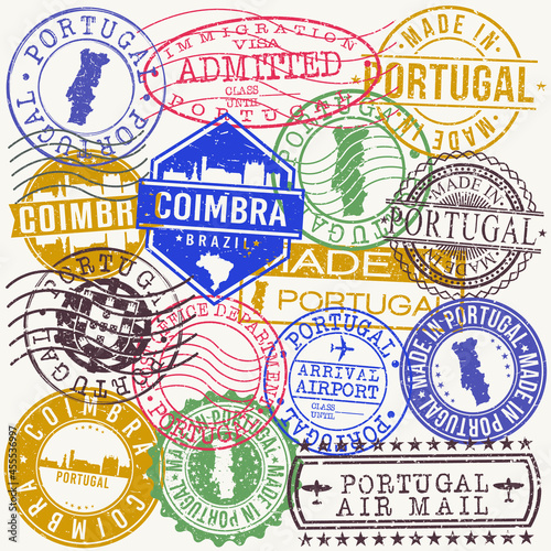 Coimbra, Portugal Set of Stamps. Travel Stamp. Made In Product. Design Seals Old Style Insignia.