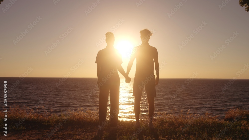 Two men in love holding hands and enjoying beautiful sunset on beach, gay couple