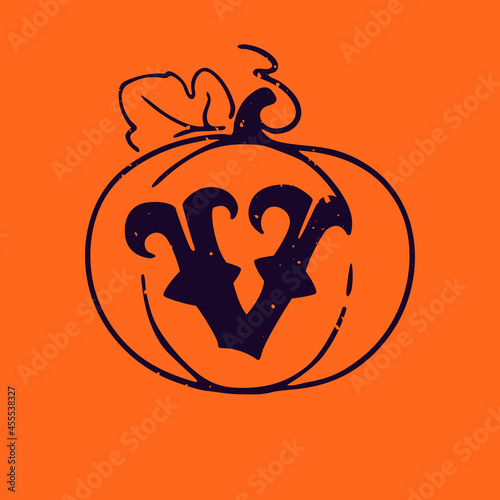 V letter logo in pumpkin with grunge texture.