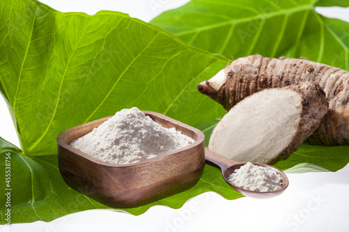 Taro Root of Colocasia esculenta and Organic Taro Flour in a bowl photo