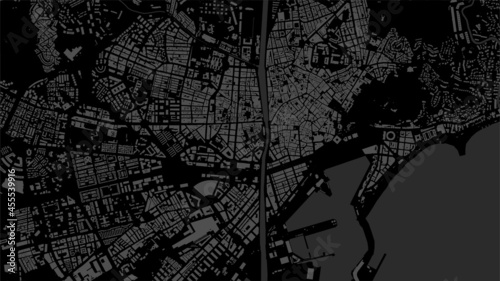 Dark black Malaga City area vector background map, streets and water cartography illustration.