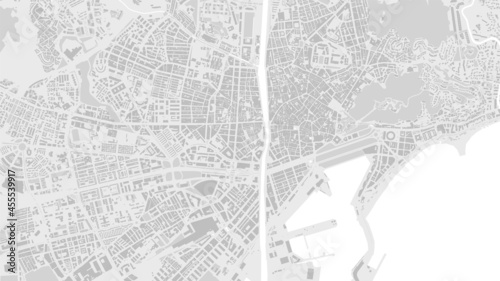 White and light grey Malaga City area vector background map, streets and water cartography illustration.