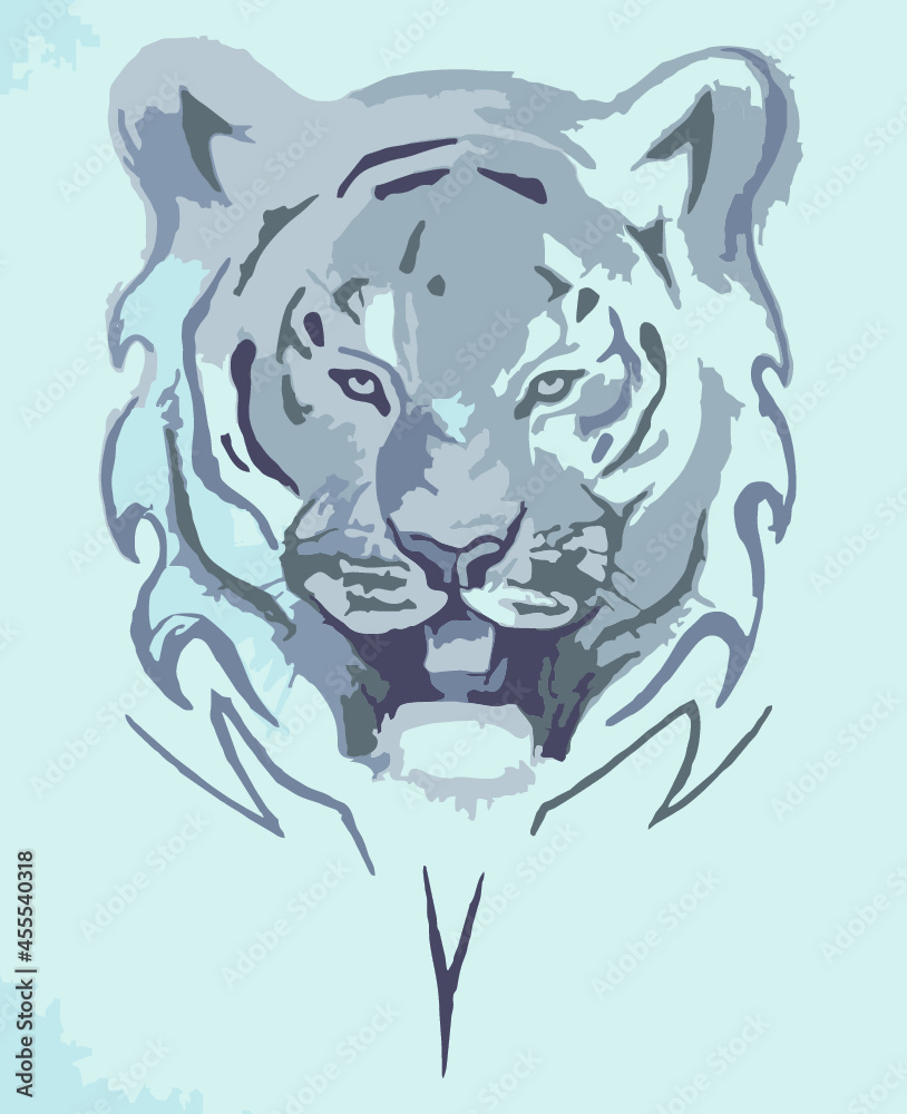 Beautiful white tiger head on a blue background. Symbol of tiger head in gray tones for embroidery, logos, prints and textiles, wallpaper and stickers, etc.
