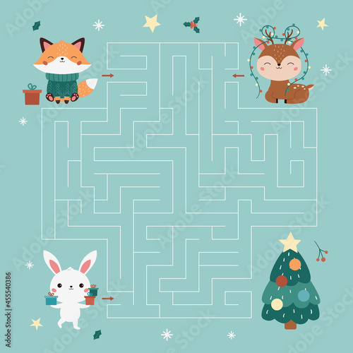 Christmas maze game with woodland animals. Educational worksheet. Kawaii cartoon characters - bunny, fox and deer. Happy New Year. Vector illustration.