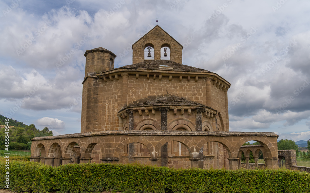 Church Saint Mary of Eunate, a XII century romanesque architecture masterpiece with an unusual octagonal layout, standing isolated in agricultural fields in Navarre (Navarra), Spain