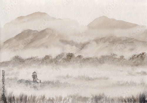 Watercolor painting of Asian mountains, rice field and man in tall grass. Chinese Ink style peaceful landscape with layers of rocks. Concept for wall decoration, calm meditation poster background.
