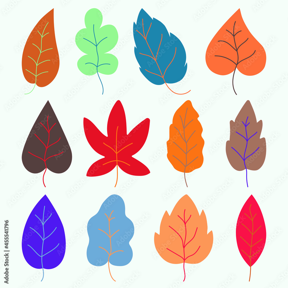 Fototapeta premium Set of colorful autumn leaves. Vector illustration. Doodle style illustration. Autumn texture. Print for printing on textiles, printing and interior decor.