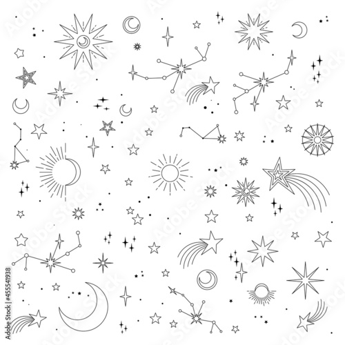 Stars, moons and constellations. Linear design astrology elements. Seamless pattern of celestial space background.
