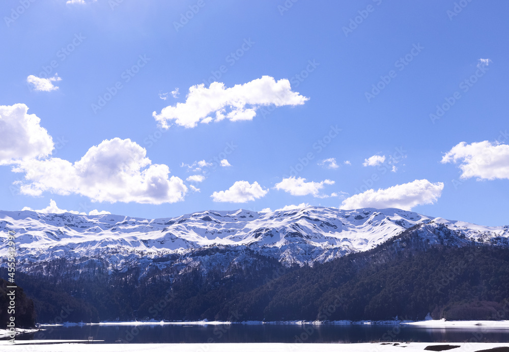 landscape of snow covered mountains in chilean winter
