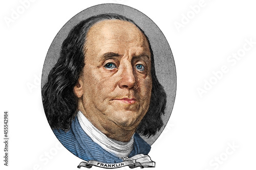Benjamin Franklin cut on old 100 dollars banknote isolated on white background