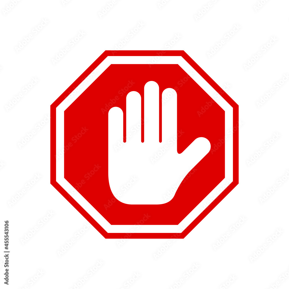 Red stop roadsign with simple hand symbol icon. No symbol isolated on white. Vector illustration Red stop roadsign with simple hand symbol icon. No symbol isolated on white. Vector illustration