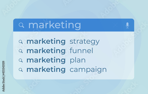 Marketing Autocomplete Search Web Suggestions modern vector concept. Website searching bar with marketing tips for better search: strategy, funnel, plan, campaign