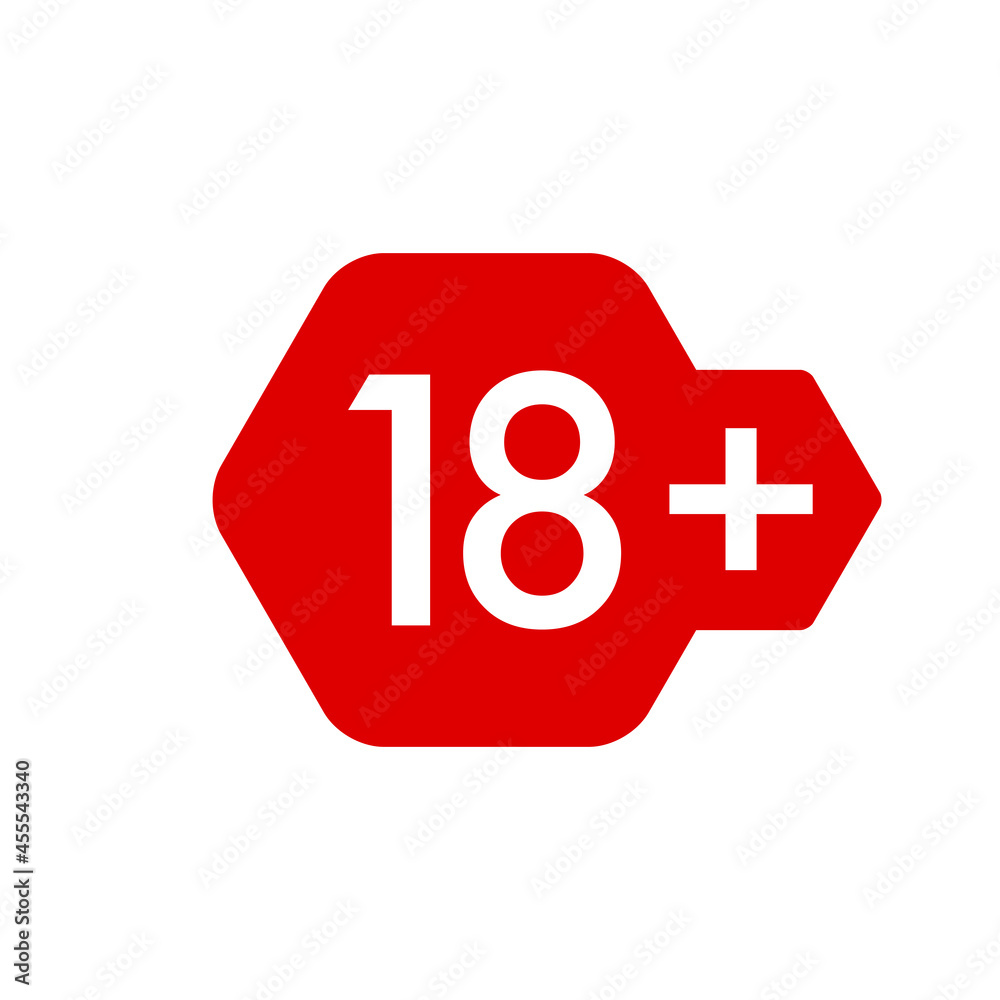 Eighteen plus years sticker, badge, hexagonal red label. Vector illustration Eighteen plus years sticker, badge, hexagonal red label. Vector illustration